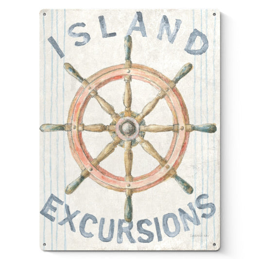 Nautical Floursack Metal Sign featuring a ship wheel with 'Island Excursions' text, retro beach decor