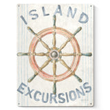 Nautical Floursack Metal Sign featuring a ship wheel with 'Island Excursions' text, retro beach decor