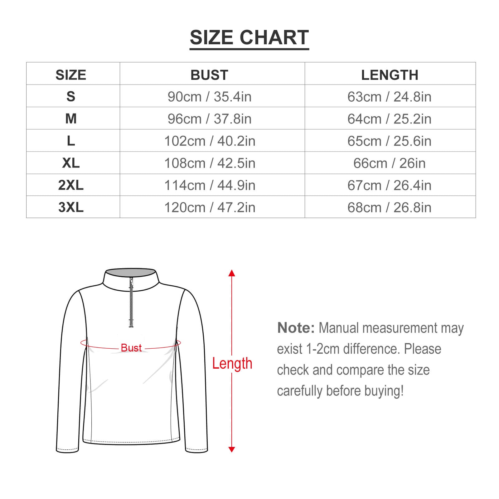 Size chart for women's long sleeve yoga shirt, showing bust and length measurements for S-3XL sizes.