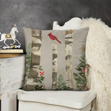 Linen Christmas pillow cover, featuring birch trees and a red cardinal. Square cushion for sofa or bed, Christmas home decor.