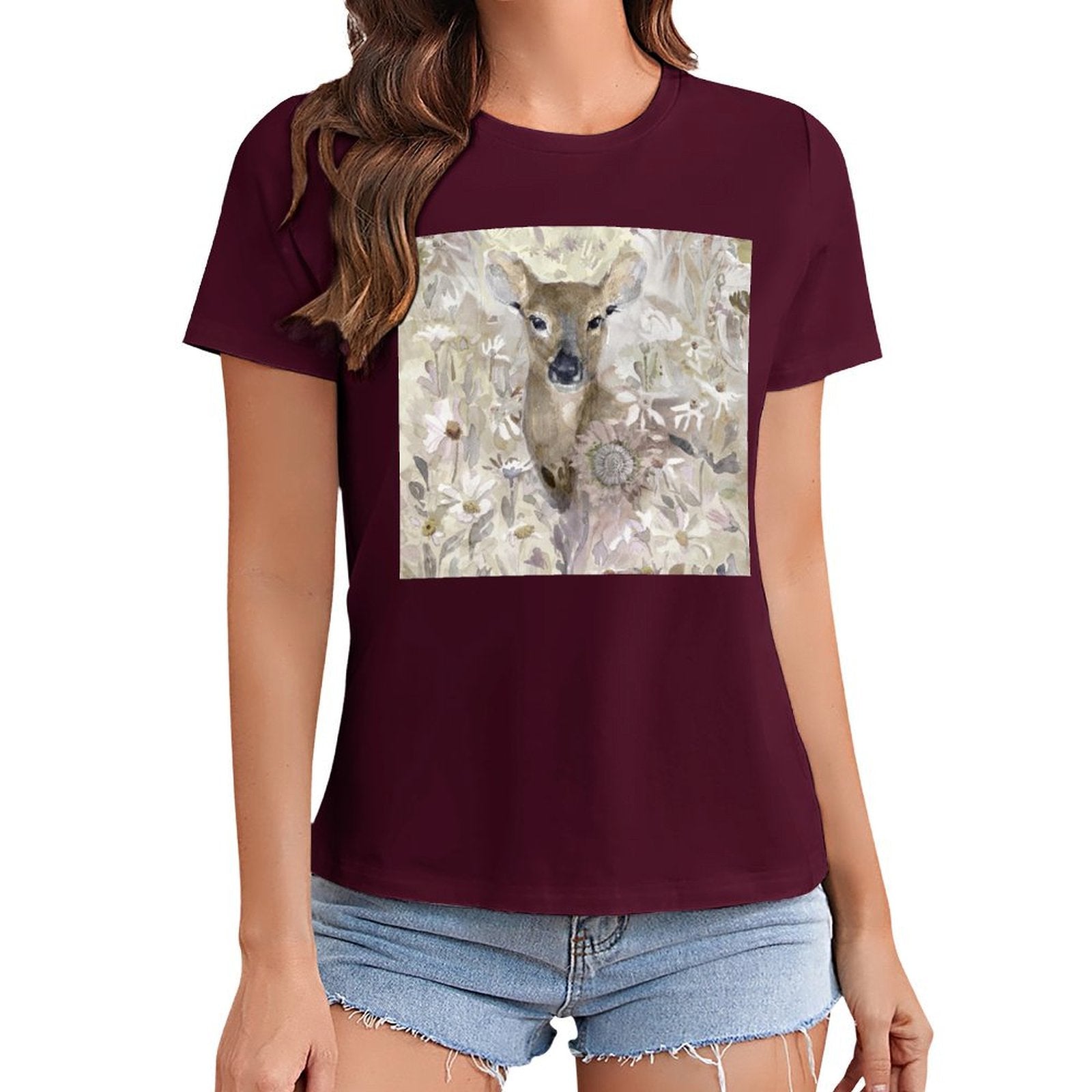 Women's maroon deer graphic t-shirt from MyArtsyGift. Casual short sleeve crewneck tee