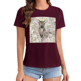 Women's maroon deer graphic t-shirt from MyArtsyGift. Casual short sleeve crewneck tee