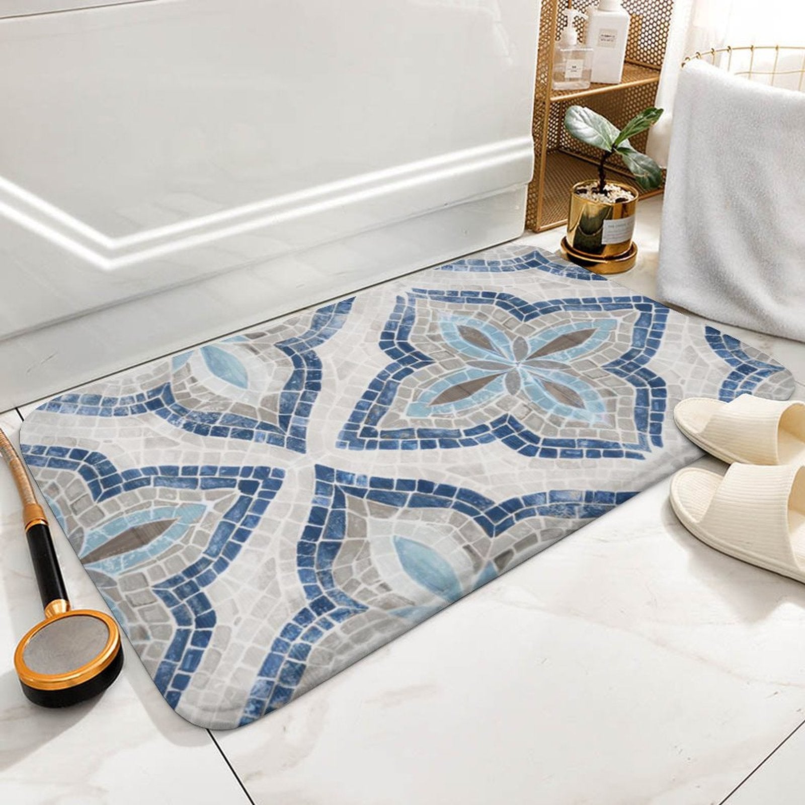Coral velvet bath rug with blue mosaic tile pattern, non-slip bathroom floor carpet