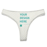 Custom thong panties with personalized design, white fabric, yellow hearts, features 'YOUR DESIGN HERE', by MyArtsyGift