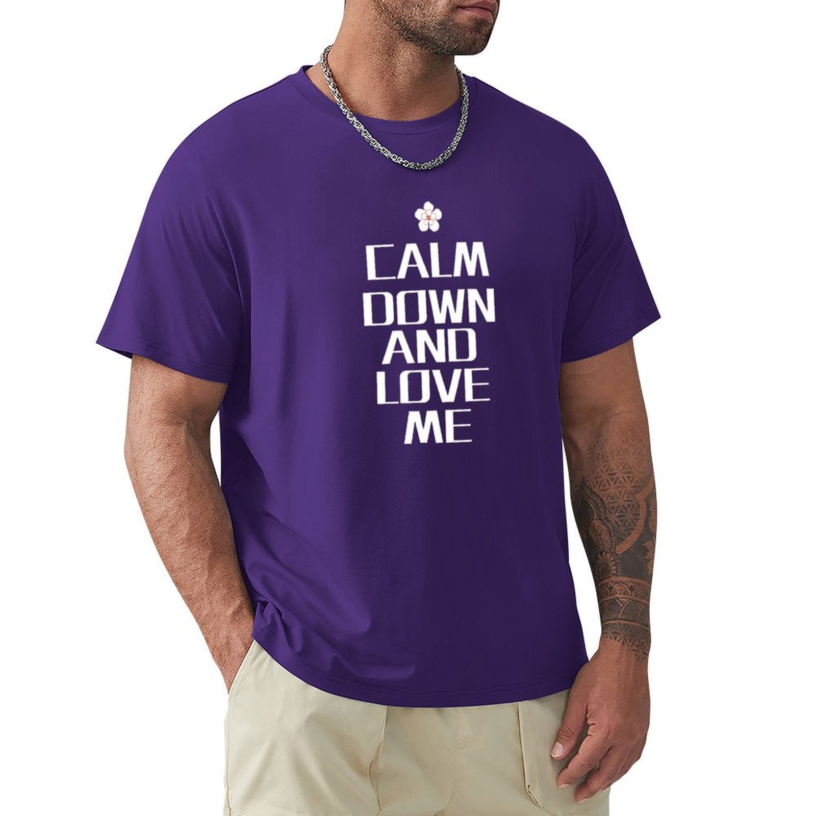 Purple short-sleeve tee with 'Calm Down and Love Me' print, crew neck. MyArtsyGift