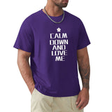 Men's purple cotton crew neck t-shirt with 'CALM DOWN AND LOVE ME' print. Classic tee for MyArtsyGift.