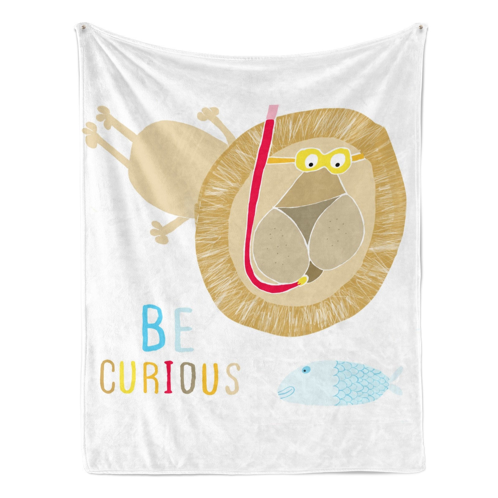 Cute lion flannel blanket with BE CURIOUS text. Soft, lightweight baby blanket for kids.