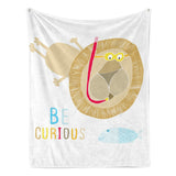 Cute lion flannel blanket with BE CURIOUS text. Soft, lightweight baby blanket for kids.