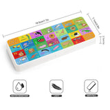 Kids' pencil box with ABCs, animal illustrations, and a message "Please Come And Learn With Me". Durable and water-resistant.