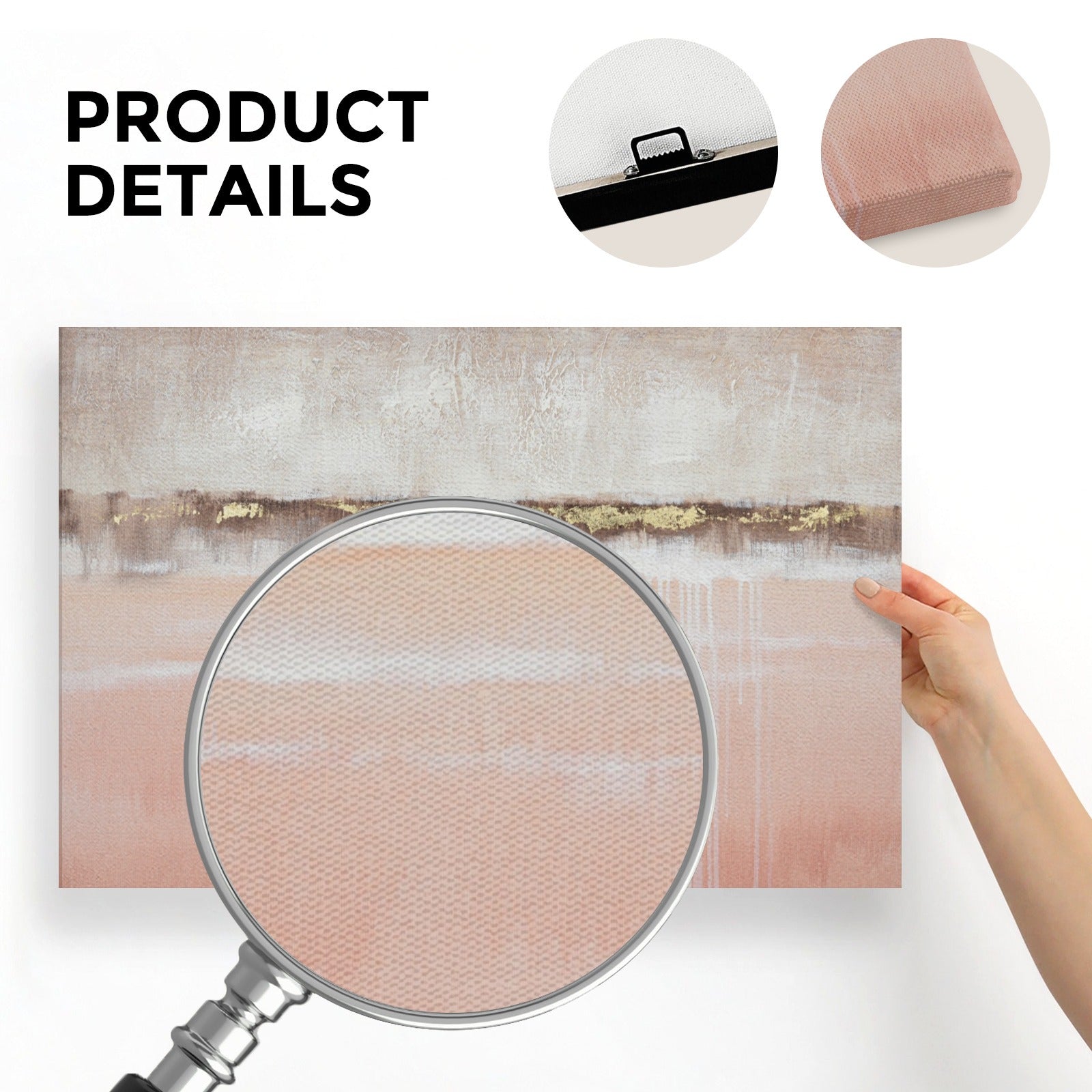 Pink and Gold Abstract Canvas Wall Art Details - Canvas Texture, Hanging Hardware and Canvas Edge, Bedroom/Living Room Decor