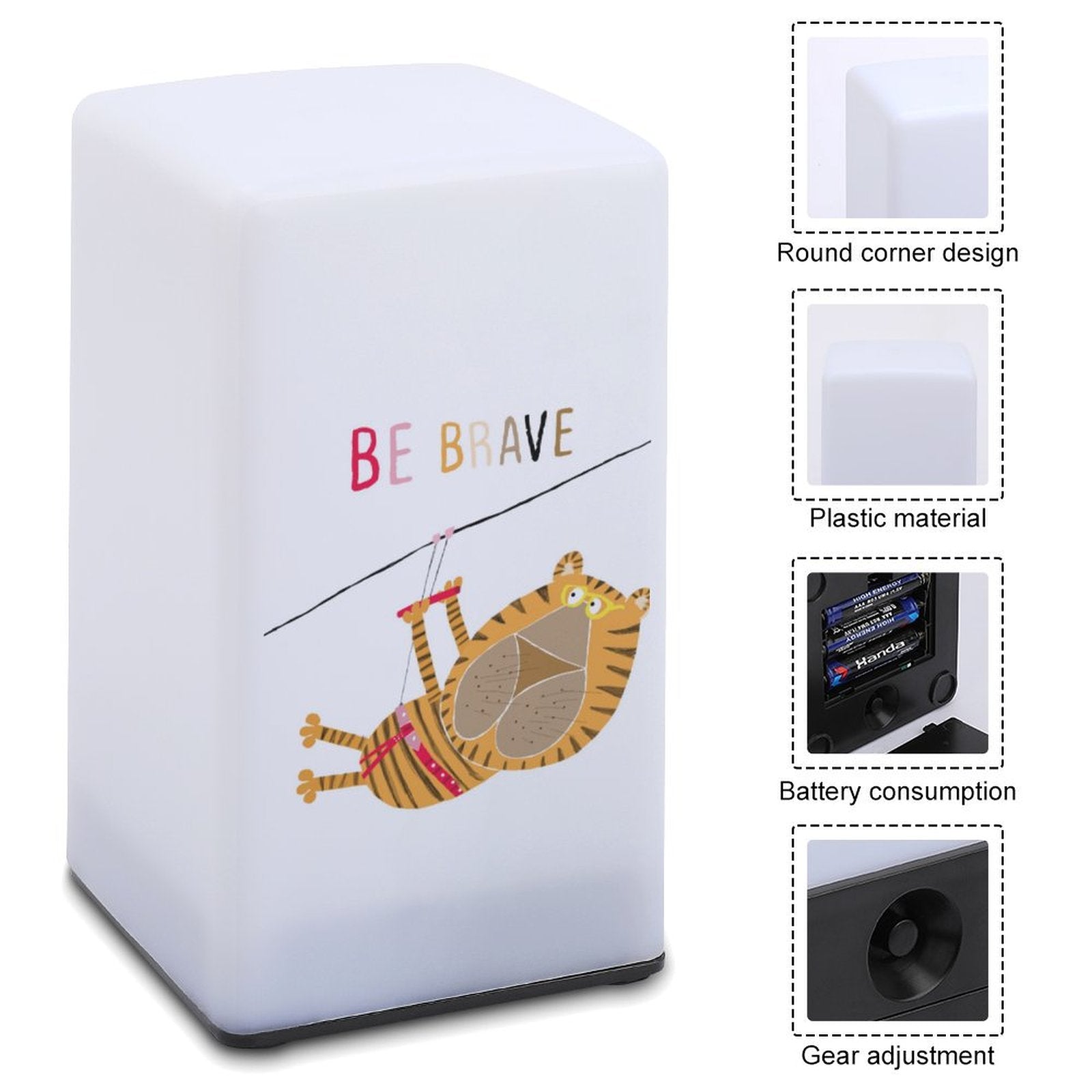 Small plastic table lamp with 'BE BRAVE' tiger design night light for bedroom/bar. Features gear adjustment and battery.