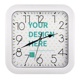 Customizable square wall clock with 'Your Design Here' for home decor. White frame, silent ticking, and heart pattern.
