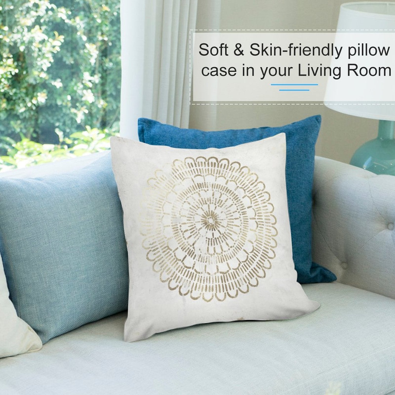 Soft white plush pillow cover with gold mandala design, perfect for sofa or couch, skin-friendly in living room