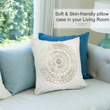 White plush pillow cover with gold mandala design. Soft and skin-friendly pillow in living room.