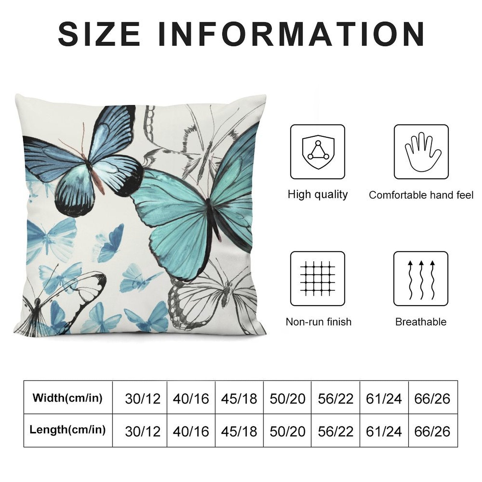 Butterfly plush pillow cover, showcasing high quality, comfort, and size details. Perfect for sofa and living room decor.