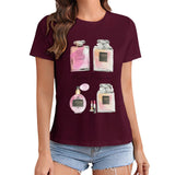 Maroon crewneck t-shirt with Paris Perfume graphic print from MyArtsyGift, women's apparel.