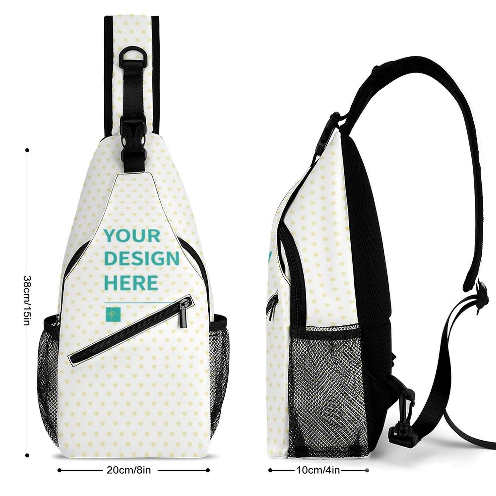 Custom sling bag with personalized design, white twill, yellow heart pattern, and black strap