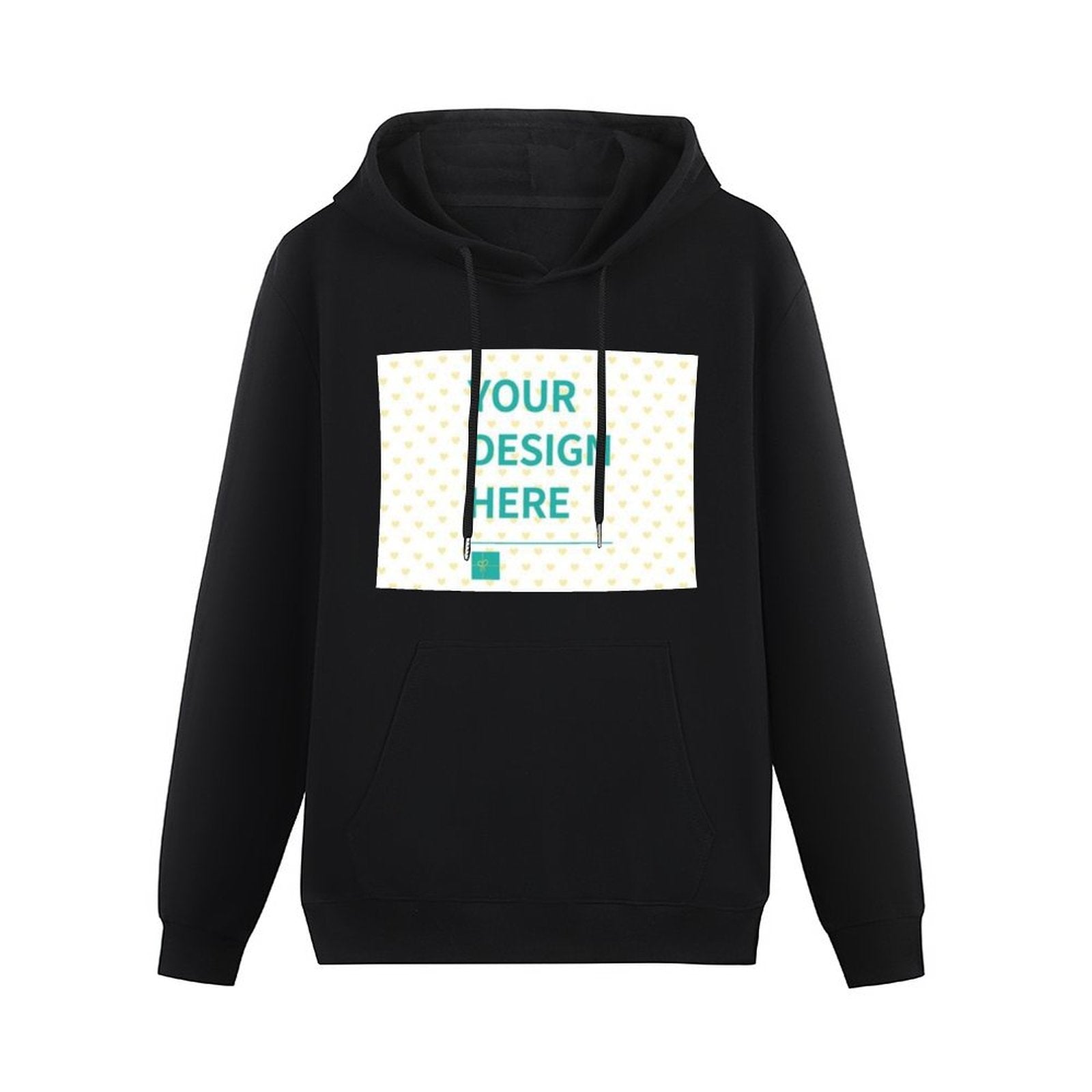Personalized black hoodie for youth with 'YOUR DESIGN HERE', custom design, cotton sweatshirt, suitable for boys and girls.