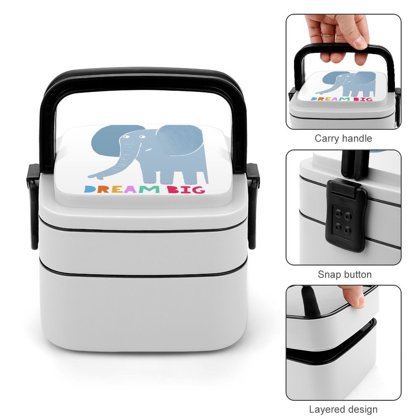 Kids' double-layer bento lunch box with elephant design and DREAM BIG text, perfect for school and travel.