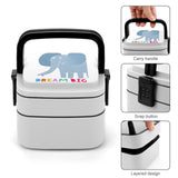 Kids' double-layer bento lunch box with elephant design and DREAM BIG text, perfect for school and travel.