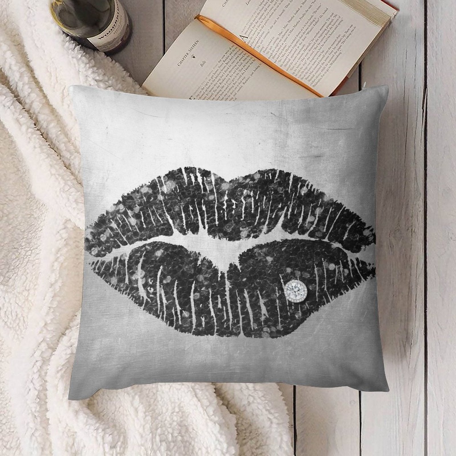 Luxury plush throw pillow cover with a black lip print and diamond accent. Soft, fluffy decorative pillow for sofa or couch.