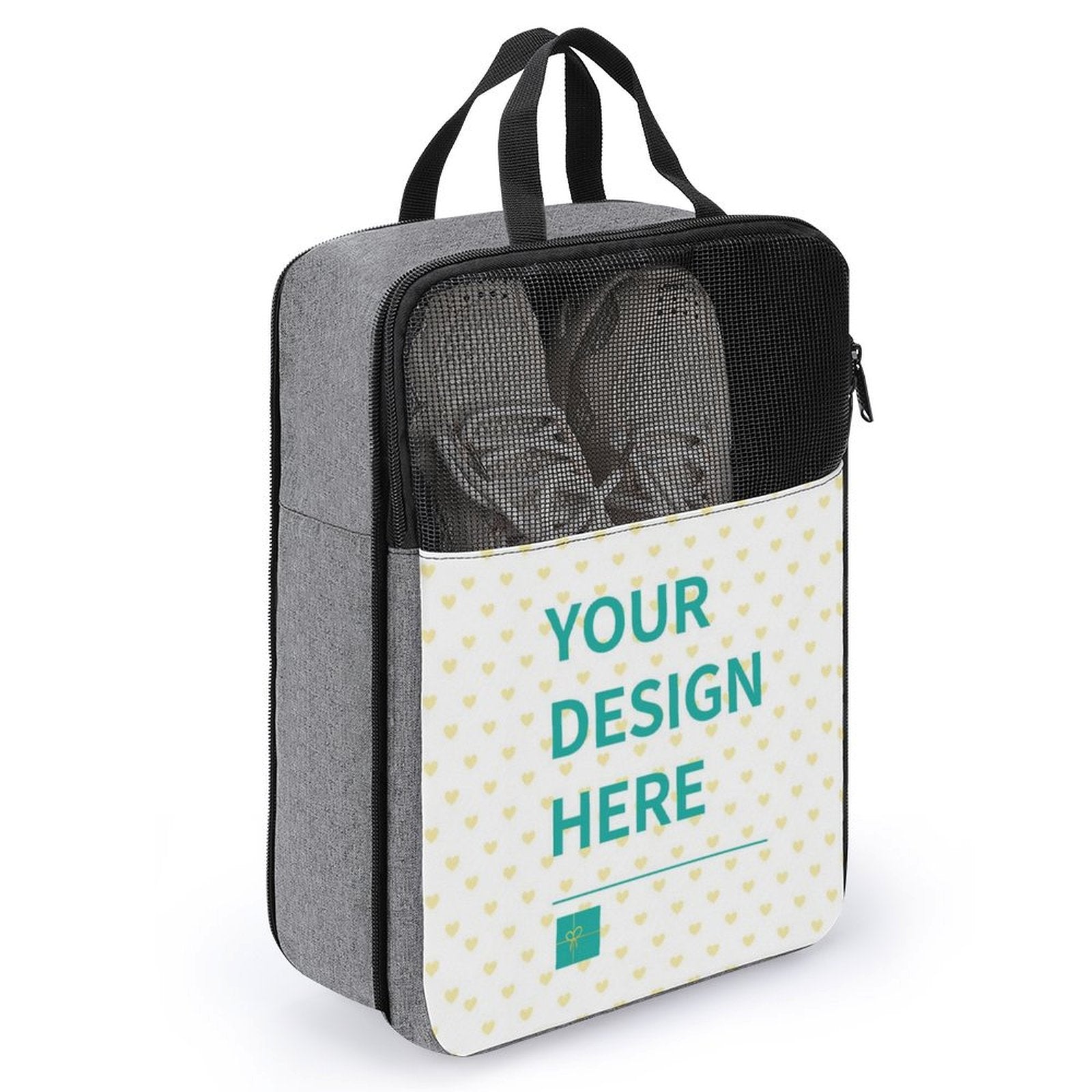 Personalized travel shoe bag in gray snowflake fabric with customizable design, handle and mesh window.