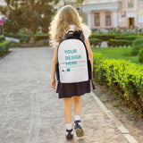 Custom Kids Backpack, heart pattern, "YOUR DESIGN HERE" text, durable polyester bookbag, side pockets, ideal for school.