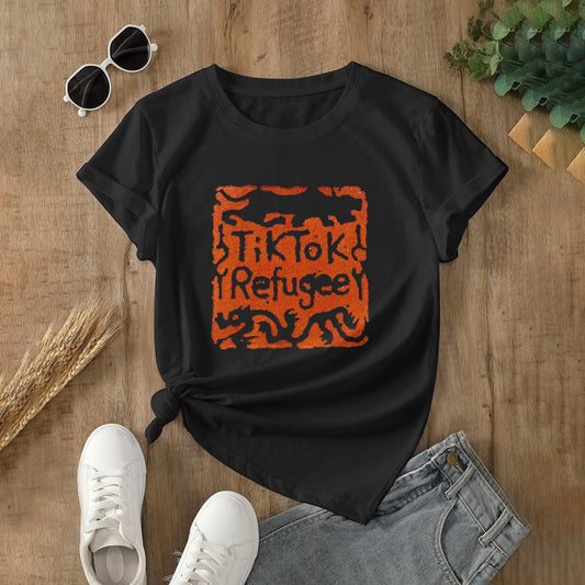 Black cotton TikTok Refugee stamp t-shirt. Made in USA. Comfortable and breathable for various activities.