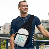 Custom sling backpack for men, black Oxford cloth with personalized design area, perfect for outdoor activities.