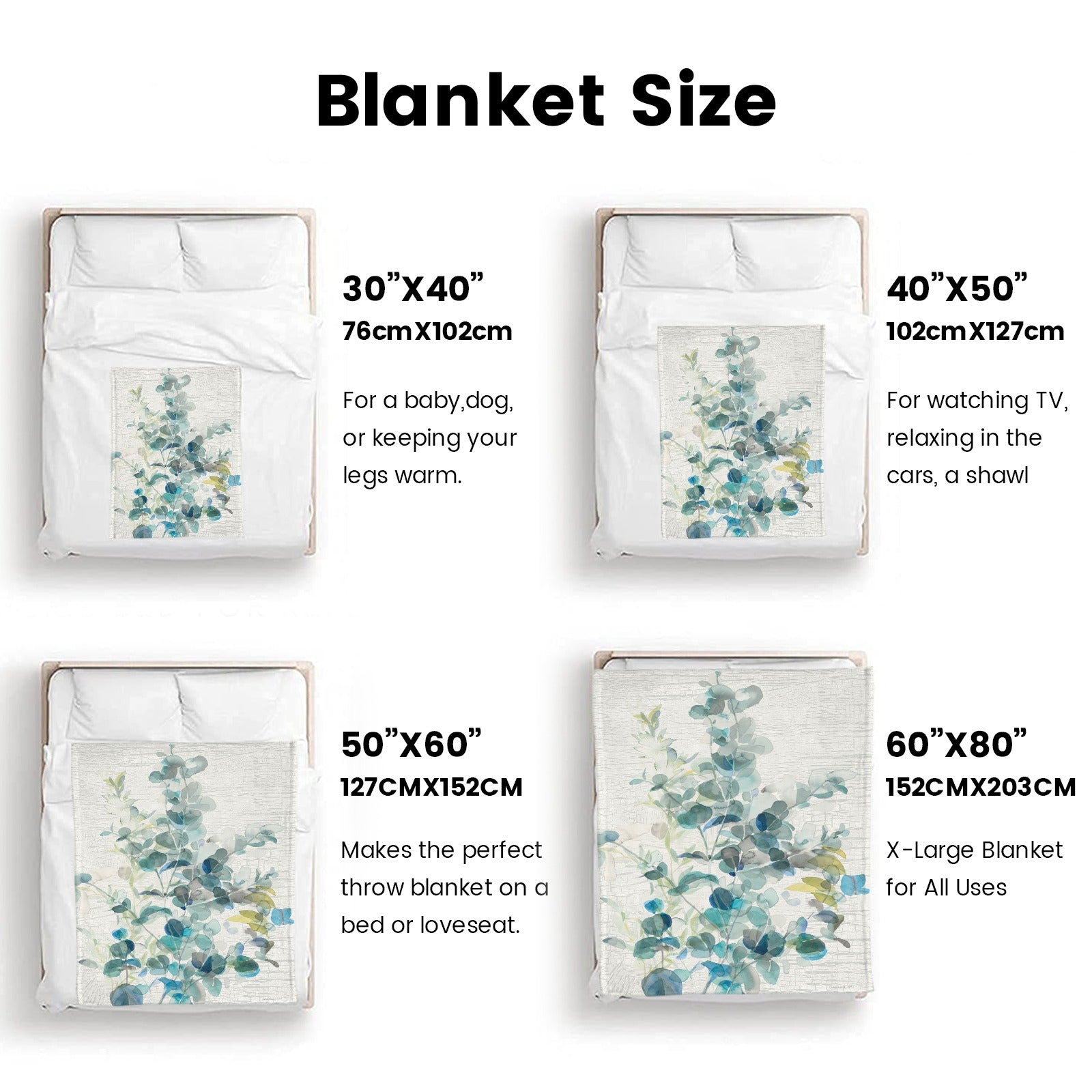 Eucalyptus IV flannel blanket size guide. Includes 30"x40", 40"x50", 50"x60", and 60"x80" sizes, perfect for home decor.