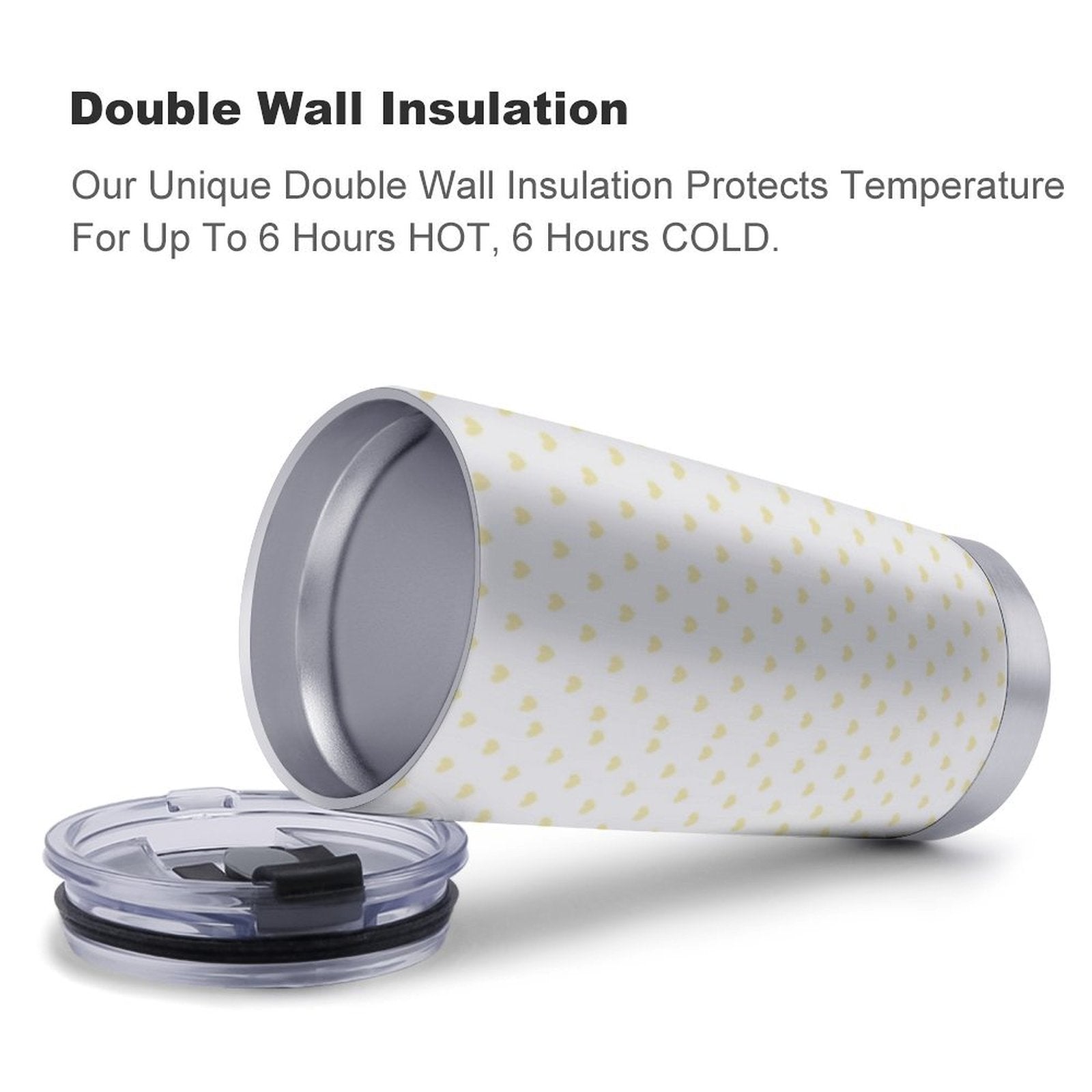 Double wall insulated personalized coffee tumbler with yellow hearts, keeping drinks hot for 6 hours, cold for 6 hours.