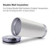 Double wall insulated personalized coffee tumbler with yellow hearts, keeping drinks hot for 6 hours, cold for 6 hours.