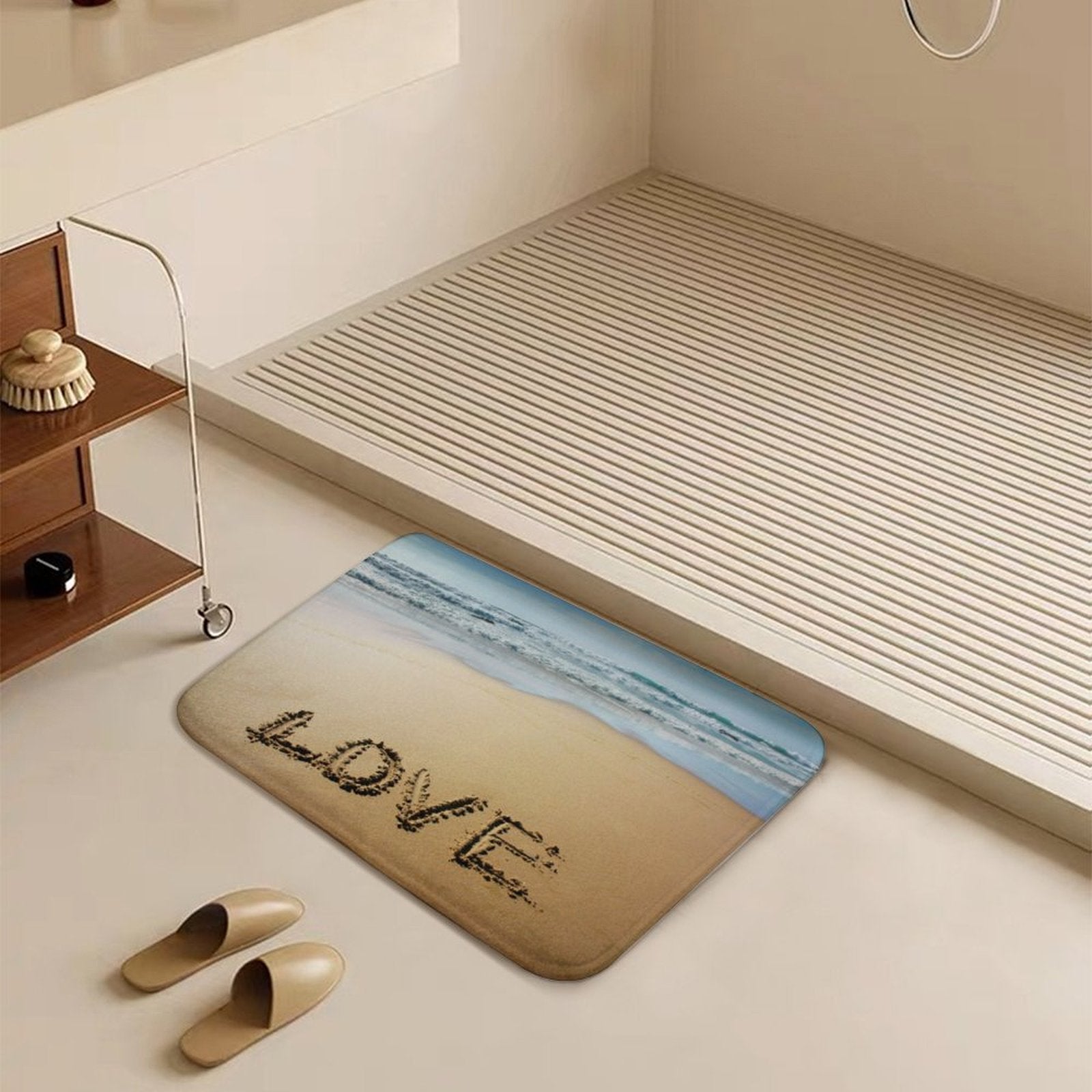 Coral velvet bath rug with LOVE text on a beach design, non-slip floor carpet for bathroom