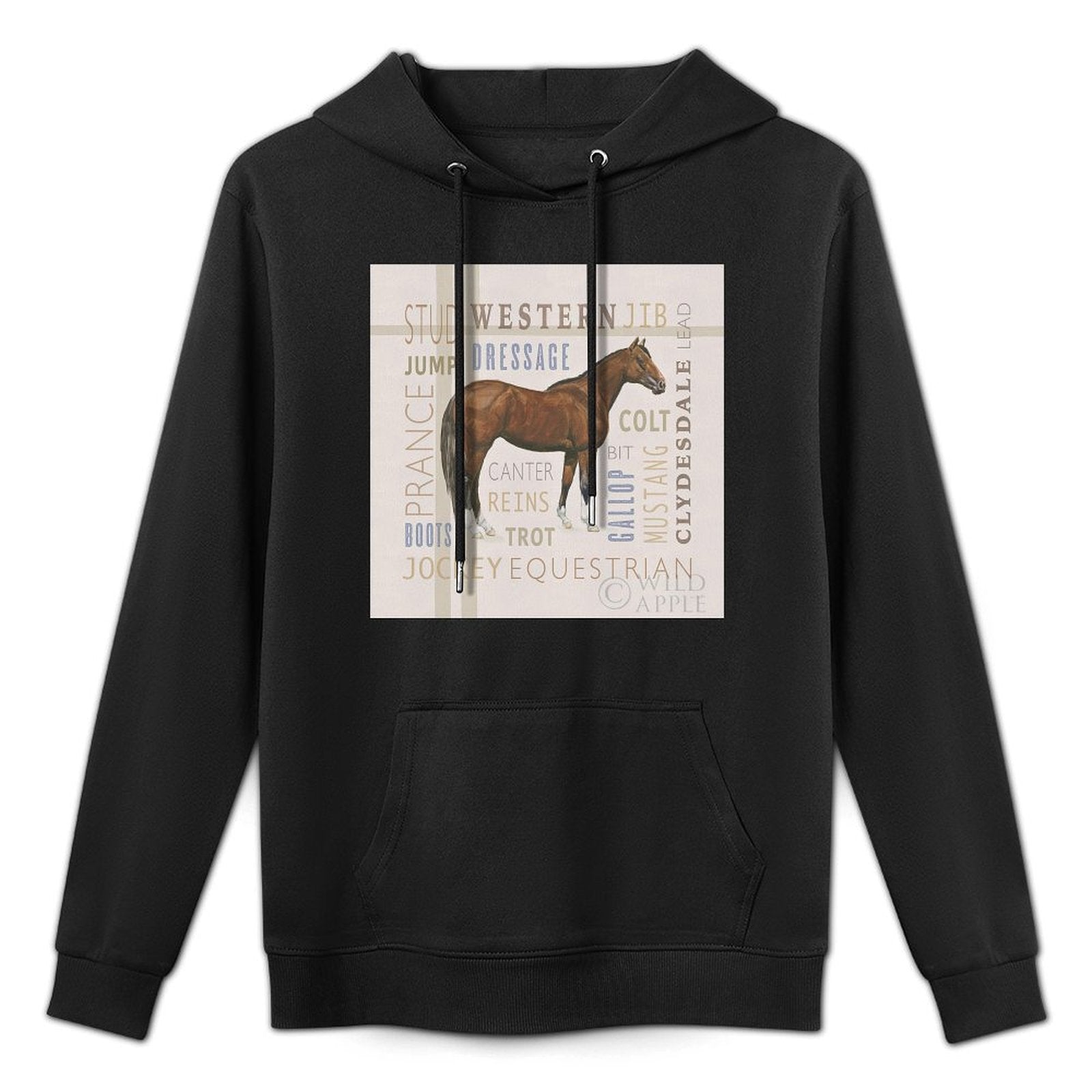 Men's black hooded sweatshirt with horse graphic and equestrian terms, USA made