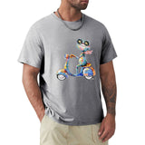 Men's grey cotton crew neck t-shirt with colorful frog on scooter graphic.