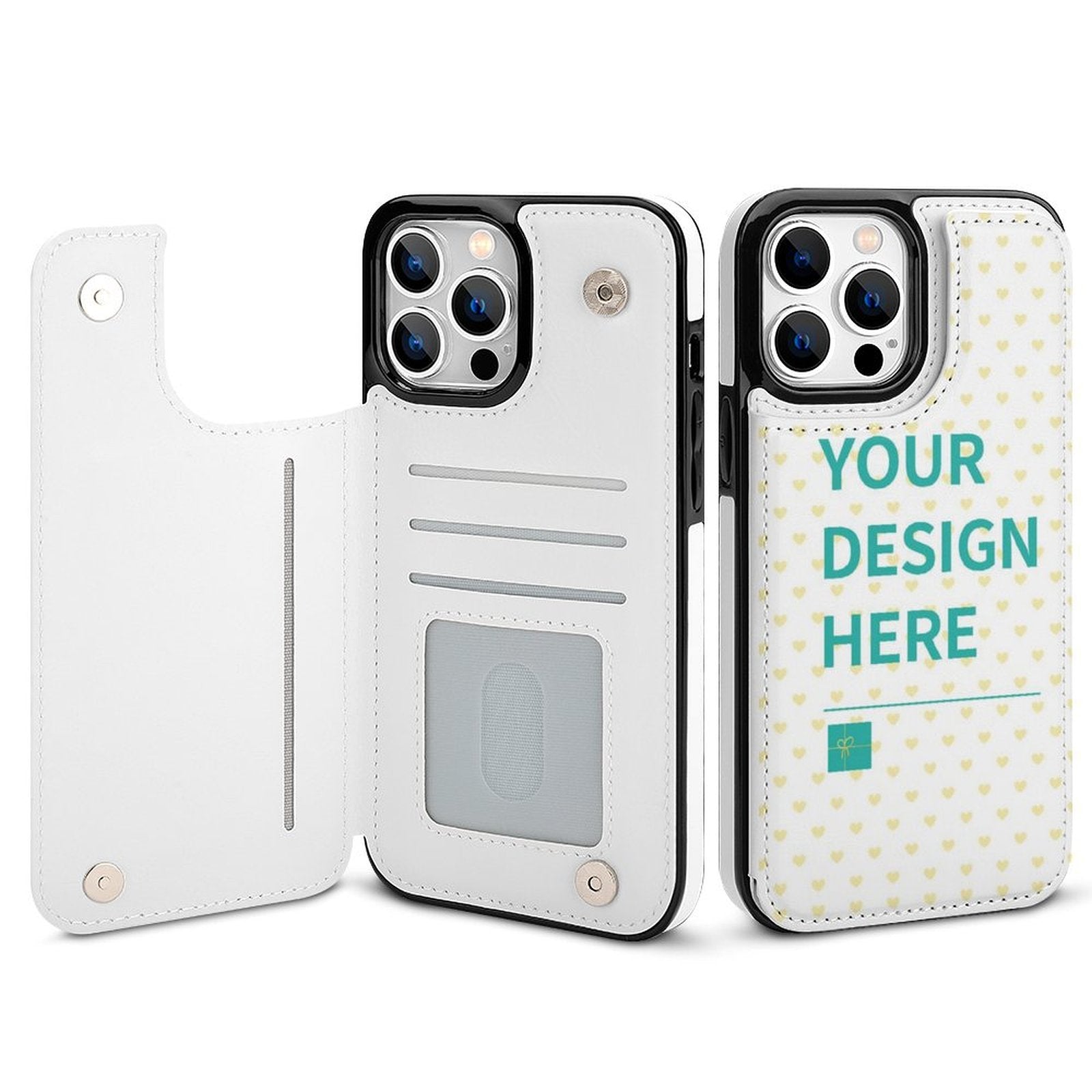 Personalized white iPhone 13 series wallet case with custom design