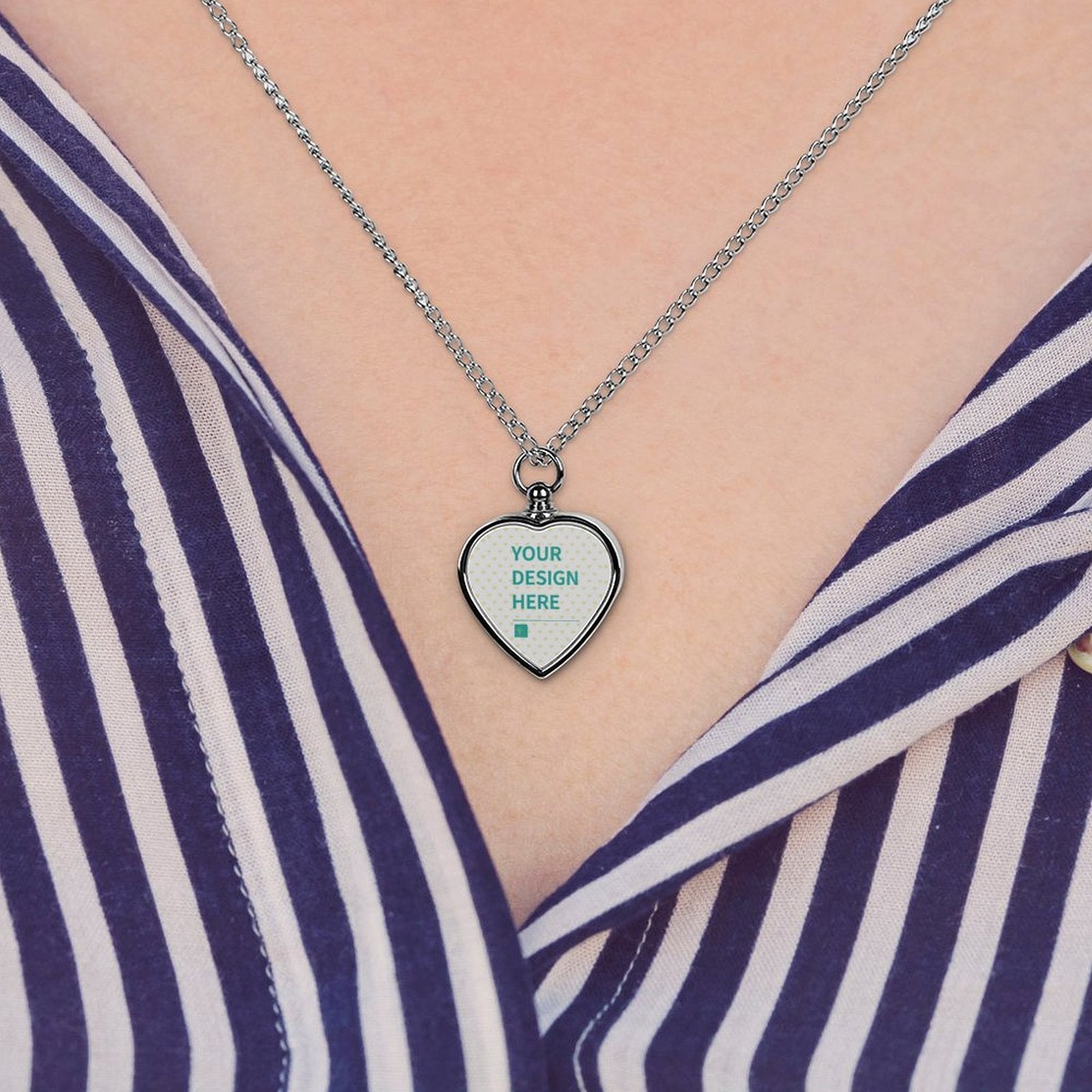 Customizable alloy heart pendant dog memorial necklace with "YOUR DESIGN HERE" text, silver chain.