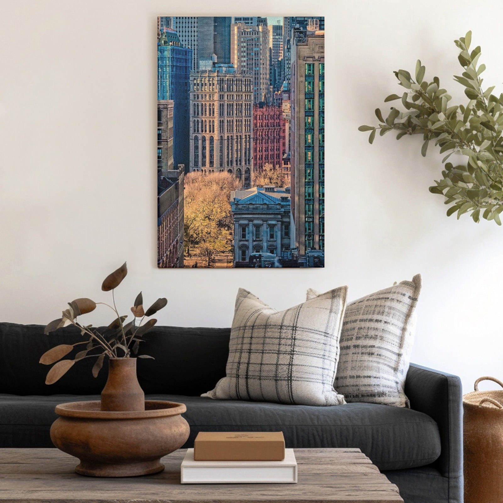 NYC cityscape canvas print for living room decor. Modern art featuring colorful buildings in New York City.