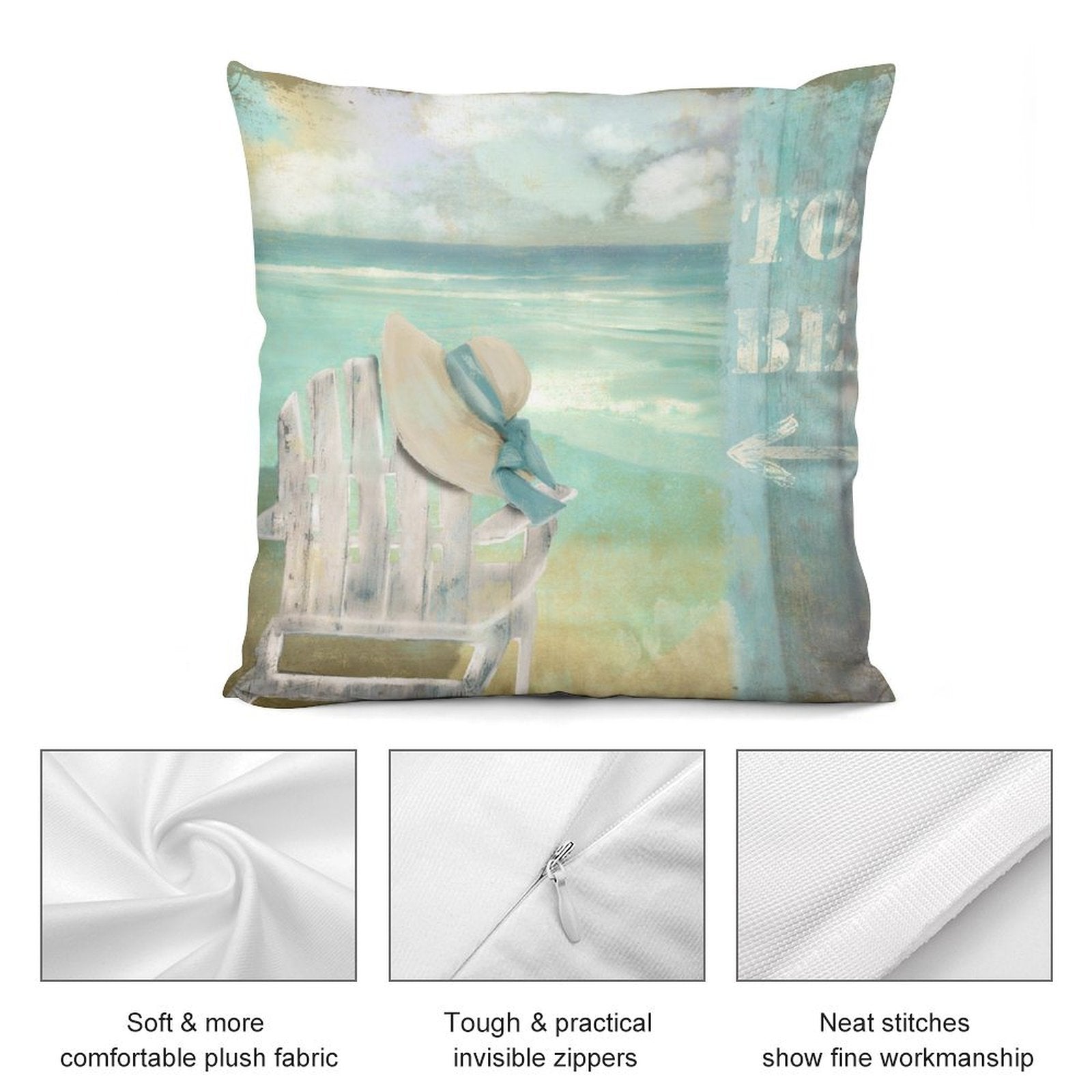 Plush pillow cover with beach scene, hat, chair, and "TO BE" text. Soft plush, invisible zipper, home decor