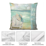 Beach pillow cover with "TO BE" sign, sun hat & beach scene; soft plush fabric, couch and sofa decor