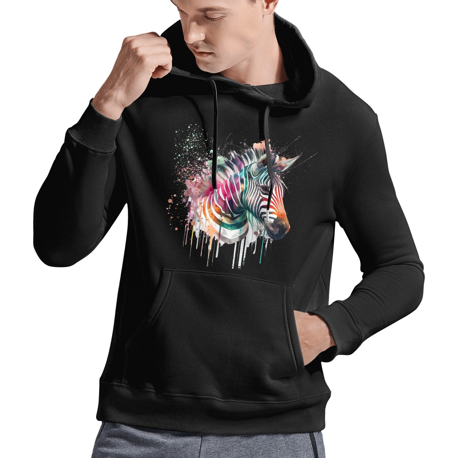 Black Gildan men's hooded sweatshirt with a colorful zebra head art, featuring Ben Heine's Astro Cruise design.