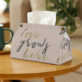 Beige PU tissue box cover with 'Love Grows Here' design, ideal for bathroom, office or home decor