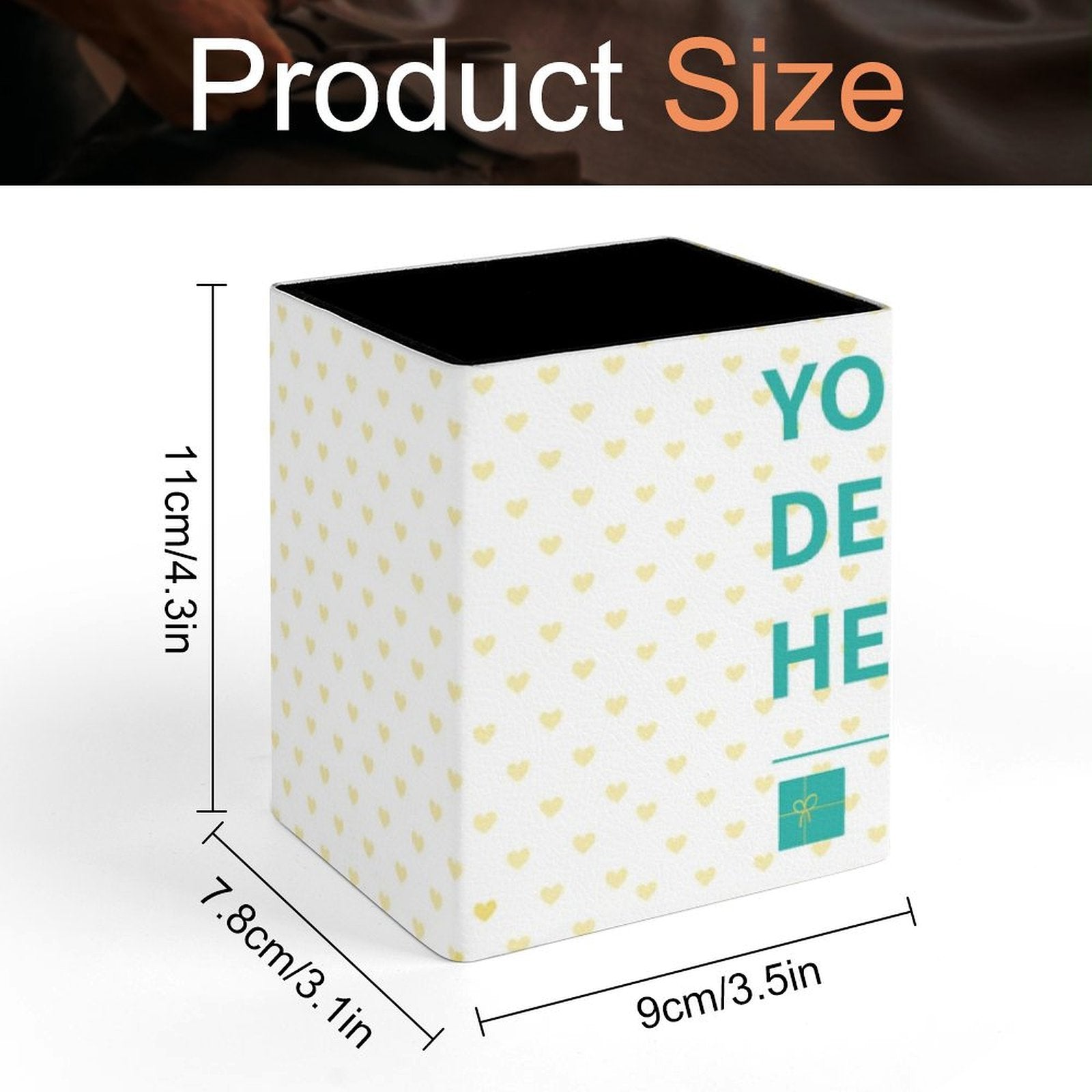 Custom heart pattern leather pen holder with "YO DE HE" text, desk organizer, office gift