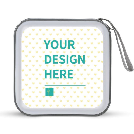 Customizable CD/DVD holder with "YOUR DESIGN HERE", perfect for car, home, or office use; plastic wallet case.