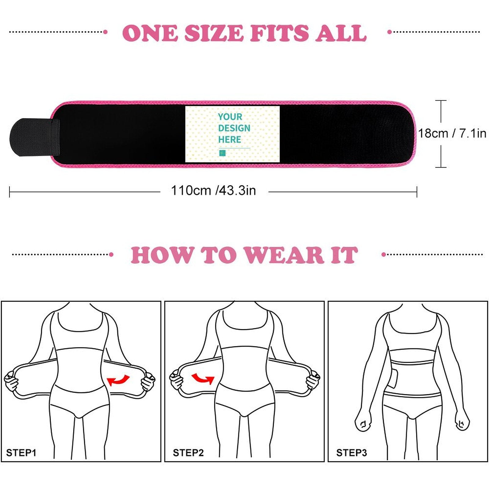 Customizable waist trimmer, personalized workout belt, featuring 'YOUR DESIGN HERE' with how-to-wear guide