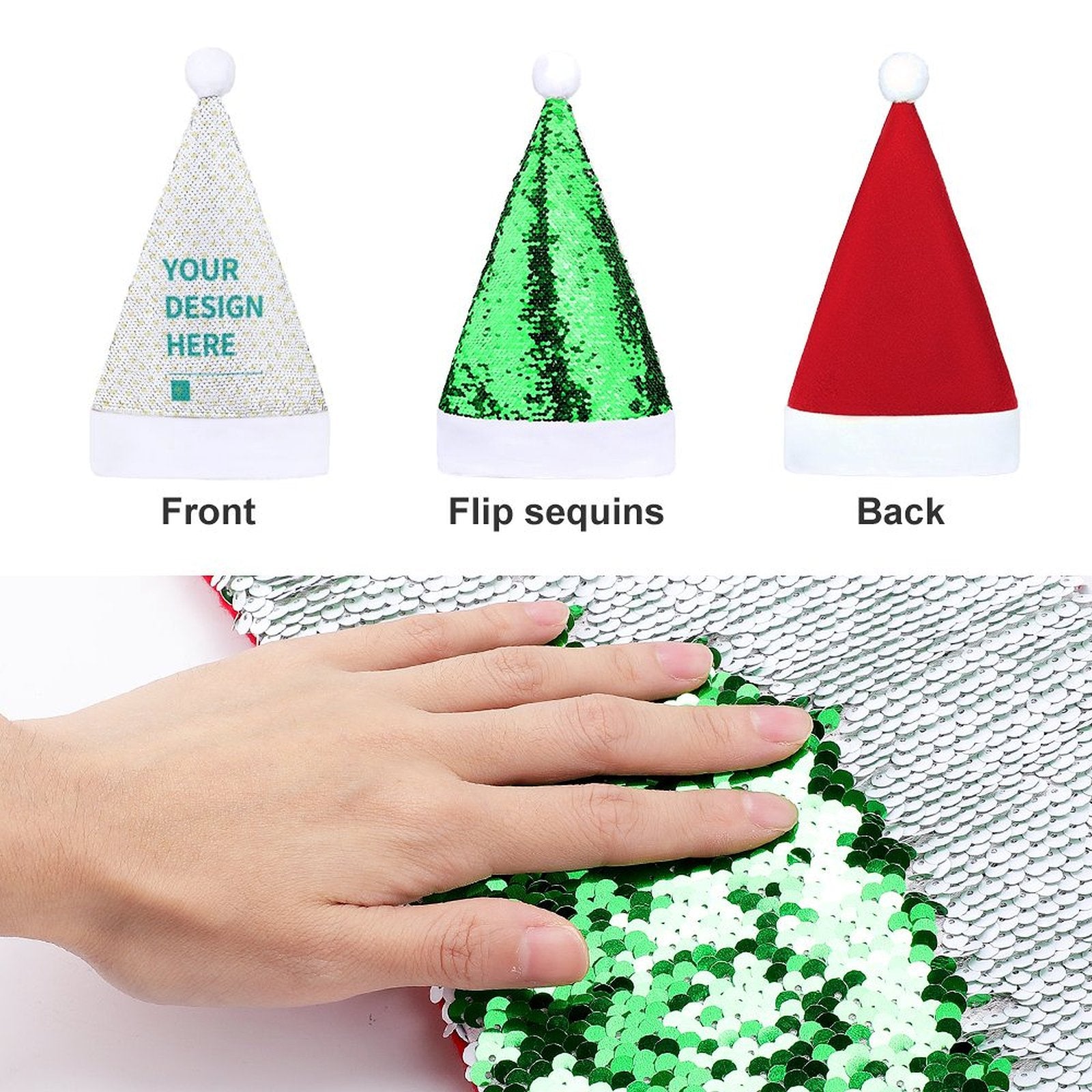 Personalized Sequin Christmas Hat with customizable design, green and red options for Xmas parties.
