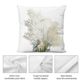 Square throw pillow cover with sea coral design, soft plush fabric, invisible zipper for sofa and home decor.