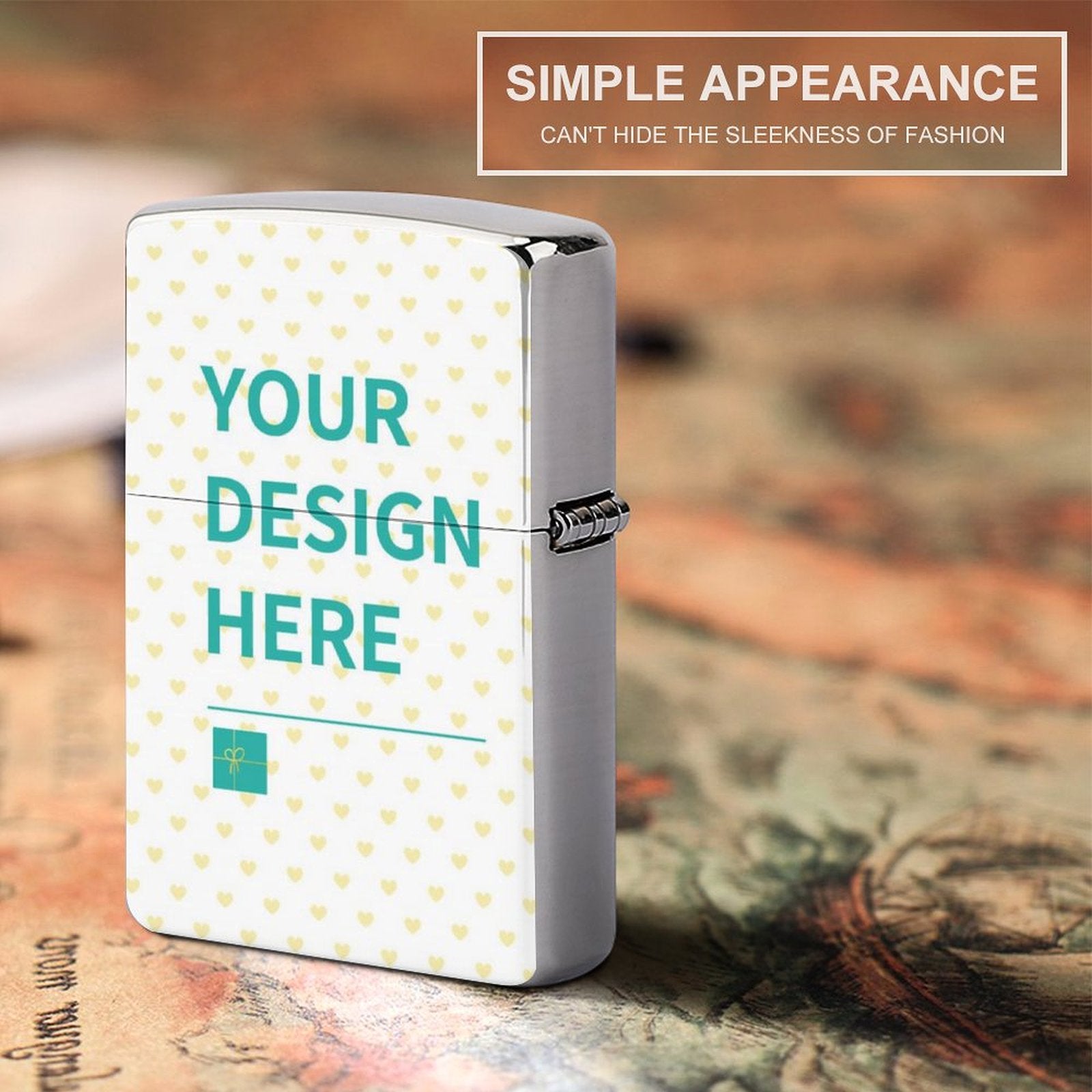 Customizable lighter case with 'YOUR DESIGN HERE' design. Personalized gift for men, silver and wear-resistant copper