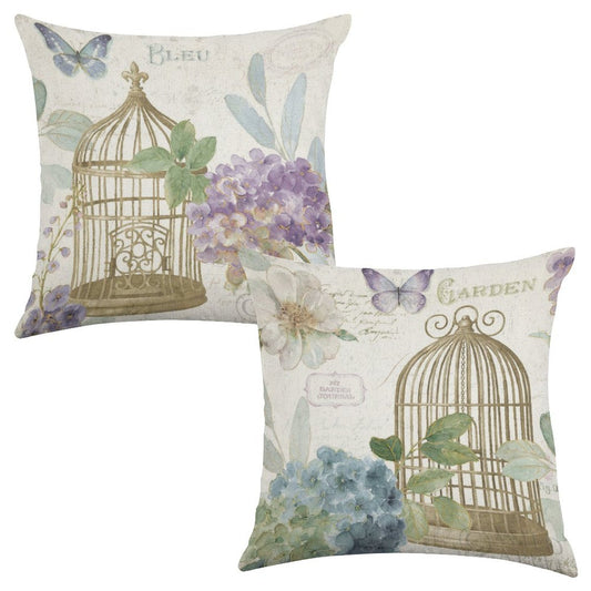 Linen throw pillow set of 2 with Rainbow Seeds Floral Birdcage design for living room