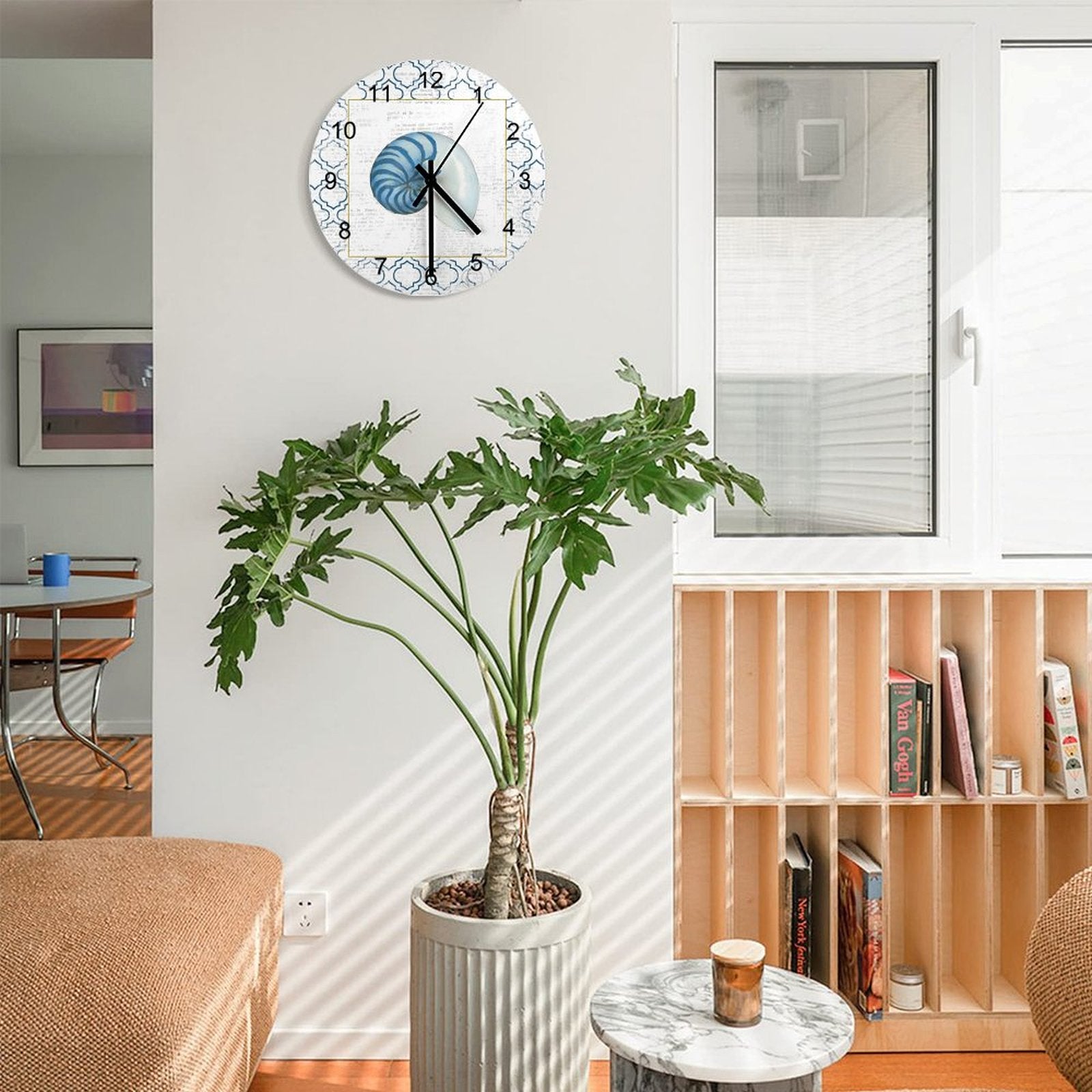 Navy nautilus shell design wooden wall clock, custom home decor, round for home, office, and kitchen decor.
